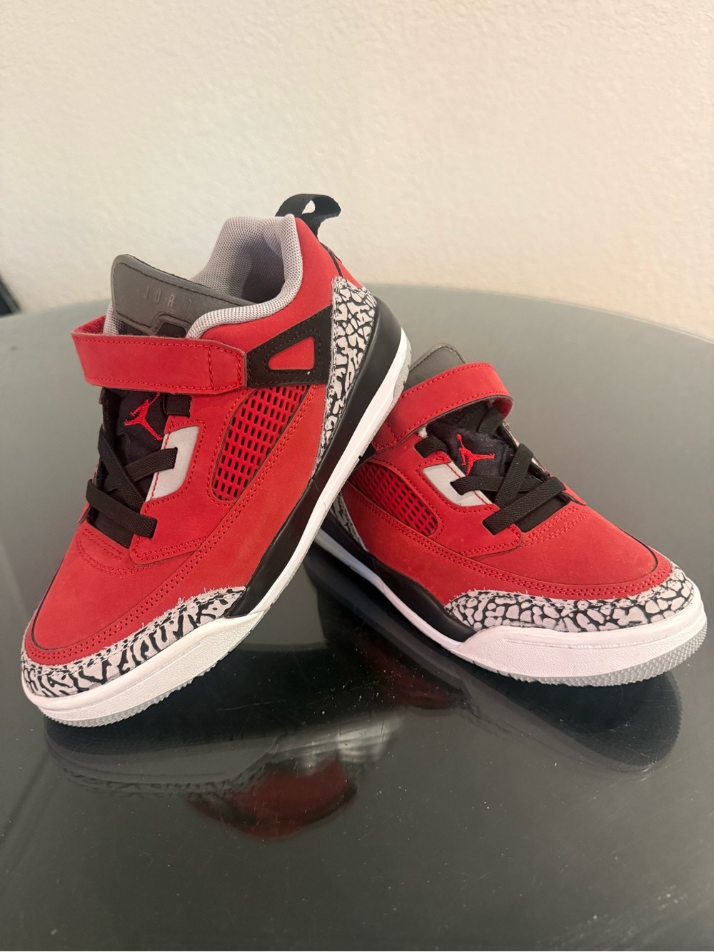 Jordan Kids Red and Black Velcro Strap Sneakers with Elephant Print